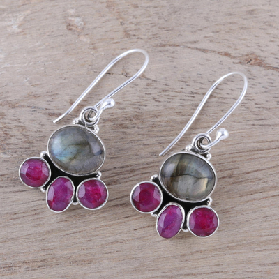 Labradorite and agate dangle earrings, 'Earth Aglow' - Labradorite and Pink Agate Sterling Silver Dangle Earrings