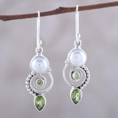 Cultured pearl and peridot dangle earrings, 'Elegant Labyrinth' - Cultured Pearl Peridot Sterling Silver Dangle Earrings