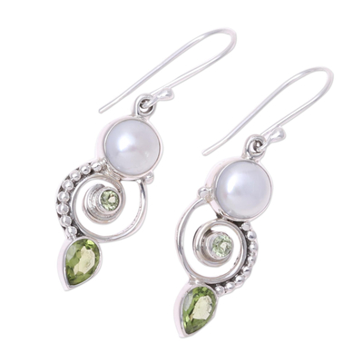 Pendientes colgantes de perlas cultivadas y peridoto - Pendientes colgantes de plata de ley con peridoto y perlas cultivadas