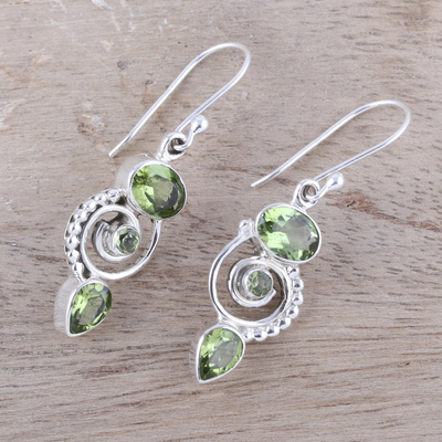 Peridot dangle earrings, 'Meadow Labyrinth' - Peridot and Sterling Silver Spiral Dangle Earrings
