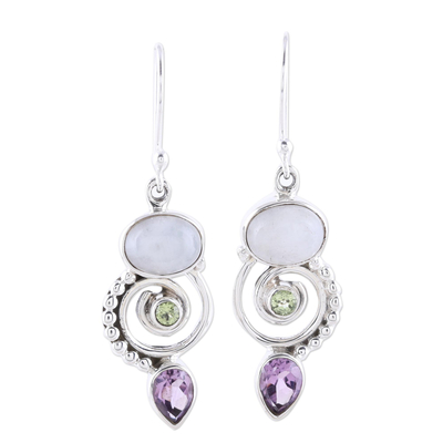 Multi-gemstone dangle earrings, 'Twilight Labyrinth' - Multi-Gemstone and Sterling Silver Spiral Dangle Earrings