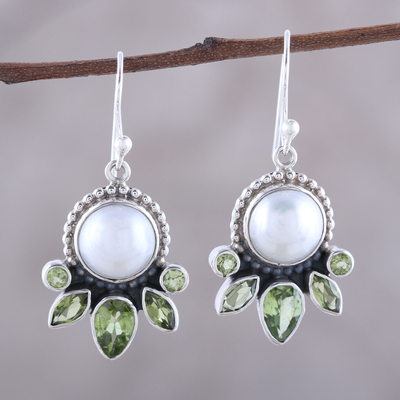 Cultured pearl and peridot dangle earrings, 'Full Moon Garden' - Cultured Pearl and Peridot Sterling Silver Dangle Earrings