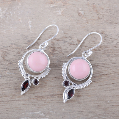 Opal and garnet dangle earrings, 'Glory in Pink' - Opal and Garnet Dangle Earrings from India