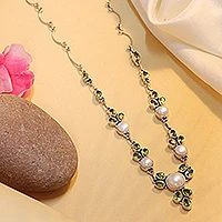 Cultured pearl and peridot pendant necklace, 'Full Moon Garden' - Cultured Pearl and Peridot Sterling Silver Pendant Necklace