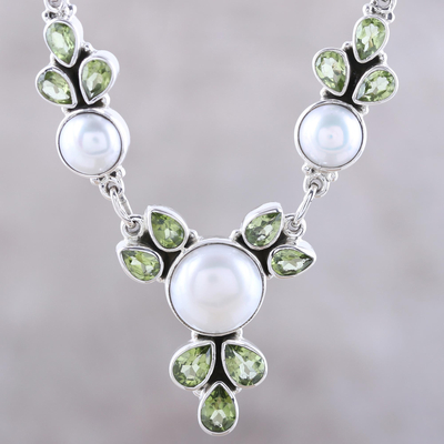 Cultured pearl and peridot pendant necklace, 'Full Moon Garden' - Cultured Pearl and Peridot Sterling Silver Pendant Necklace