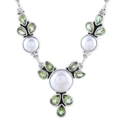 Cultured pearl and peridot pendant necklace, 'Full Moon Garden' - Cultured Pearl and Peridot Sterling Silver Pendant Necklace