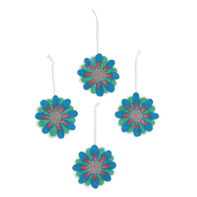 Wool felt ornaments, 'Flower Parade' (Set of 4) - Embroidered Floral Ornaments in Blue and Green (Set of 4)