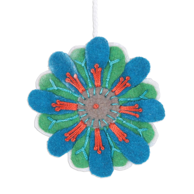 Wool felt ornaments, 'Flower Parade' (Set of 4) - Embroidered Floral Ornaments in Blue and Green (Set of 4)