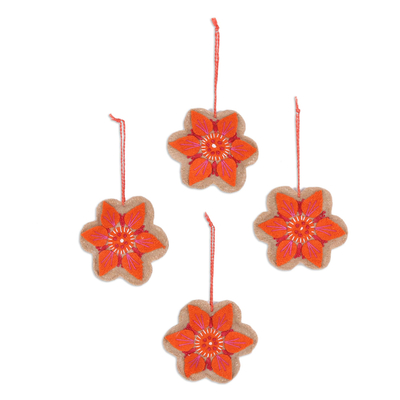 Wool felt ornaments, 'Marvelous Marigolds' (Set of 4) - Set of 4 Orange and Pink Flower Ornaments from India