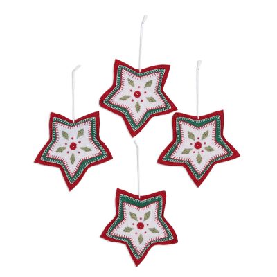 Wool felt ornaments, 'Folk Art Stars' (Set of 4) - Set of Four Wool Felt Star Ornaments from India