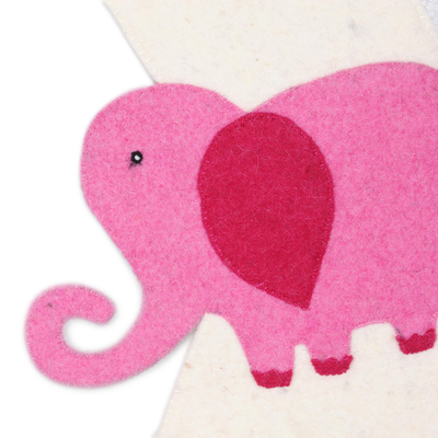 Wool felt stocking, 'Holiday Elephant in Pink' - Ivory and Pink Elephant Christmas Stocking from India
