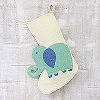 Wool felt stocking, 'Holiday Elephant in Aqua' - Ivory Wool Felt Elephant Christmas Stocking