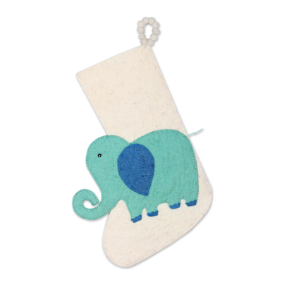 Wool felt stocking, 'Holiday Elephant in Aqua' - Ivory Wool Felt Elephant Christmas Stocking