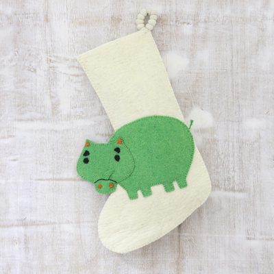 Wool felt stocking, 'Hippo Holiday' - Hippo Themed Wool Felt Christmas Stocking