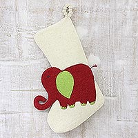 Wool felt stocking, 'Holiday Elephant in Red' - Red Green and Ivory Elephant Theme Stocking