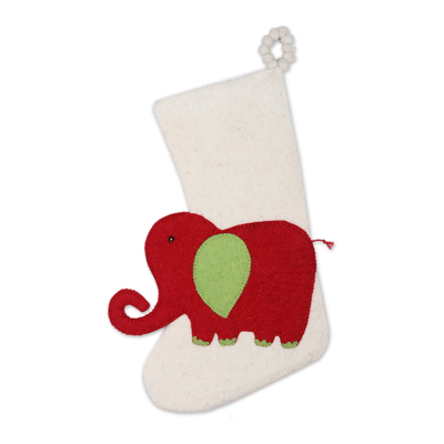 Media de fieltro de lana - Calcetín con tema de elefante rojo, verde y marfil