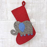Wool felt stocking, 'Holiday Elephant in Grey' - Red Elephant Motif Christmas Stocking from India