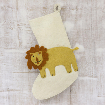 Wool felt stocking, 'Holiday Lion' - Lion Motif Applique Wool Felt Christmas Stocking
