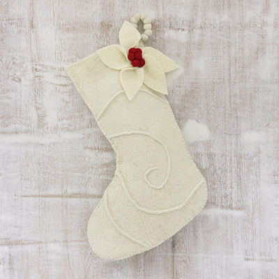 Calcetín de fieltro de lana, 'Christmas Greetings' - Elegante media marfil con tema de flor de pascua