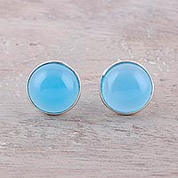 Chalcedony stud earrings, 'Moonlight Peace in Blue'