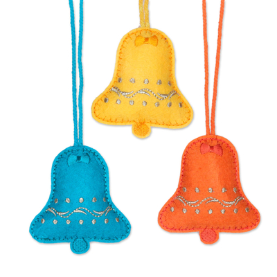 Wool felt ornaments, 'Fascinating Bells' (set of 6) - Assorted Wool Felt Bell Ornaments from India (Set of 6)