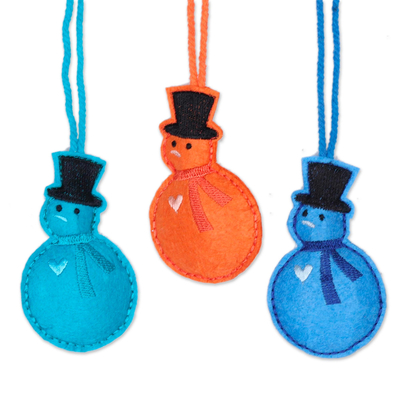Wool felt ornaments, 'Colorful Snowmen' (set of 6) - Assorted Wool Snowman Ornaments from India (Set of 6)