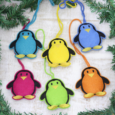 Wool felt ornaments, 'Fascinating Penguins' (set of 6) - Assorted Wool Penguin Ornaments from India (Set of 6)