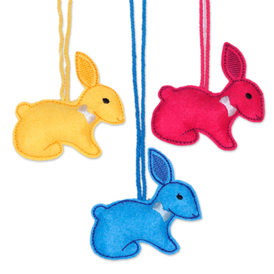 Wool ornaments, 'Colorful Bunnies' (set of 6) - Assorted Wool Rabbit Ornaments from India (Set of 6)