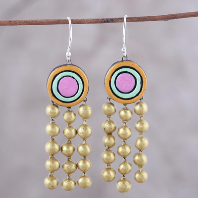 Ceramic dangle earrings, 'Globular Dance' - Colorful Handmade Terracotta Dangle Earrings from India