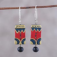 Ceramic dangle earrings, 'Bollywood Sonata' - Red Blue and Gold Ceramic Dangle Earrings from India