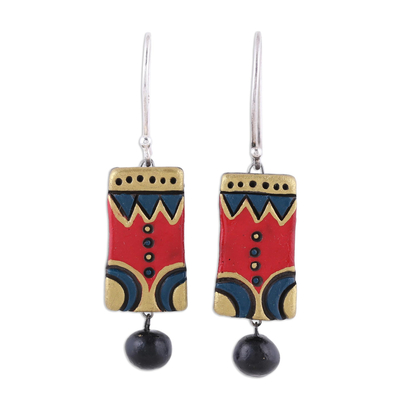 Red Blue and Gold Ceramic Dangle Earrings from India