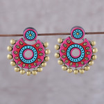 Ceramic dangle earrings, 'Bollywood Crescents' - Pink and Blue Ceramic Dangle Earrings from India