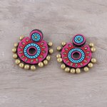 Ceramic dangle earrings, 'Bollywood Crescents' - Pink and Blue Ceramic Dangle Earrings from India