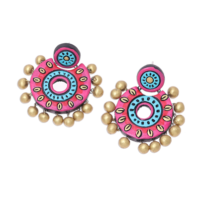 Ceramic dangle earrings, 'Bollywood Crescents' - Pink and Blue Ceramic Dangle Earrings from India