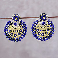 Pendientes colgantes de cerámica - Aretes colgantes de cerámica azul y dorada de la India