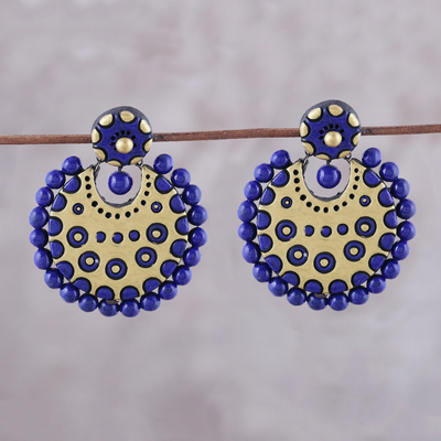 Ceramic dangle earrings, 'Heavenly Bollywood' - Blue and Gold-Tone Ceramic Dangle Earrings from India