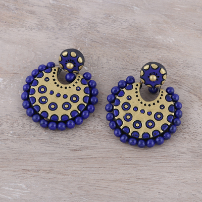 Ceramic dangle earrings, 'Heavenly Bollywood' - Blue and Gold-Tone Ceramic Dangle Earrings from India