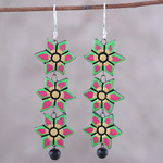 Ceramic dangle earrings, 'Dazzling Daffodils' - Hand-Painted Floral Ceramic Dangle Earrings from India