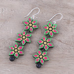 Ceramic dangle earrings, 'Dazzling Daffodils' - Hand-Painted Floral Ceramic Dangle Earrings from India