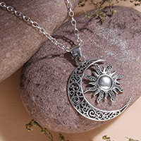 Sterling silver pendant necklace, 'Celestial Duo' - Sun and Crescent Moon Sterling Silver Pendant Necklace
