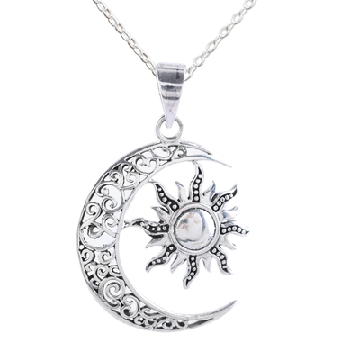 Sterling silver pendant necklace, 'Celestial Duo' - Sun and Crescent Moon Sterling Silver Pendant Necklace