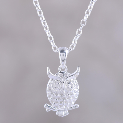 Sterling silver pendant necklace, 'Hooting Owl' - Sterling Silver Owl Pendant Necklace from India