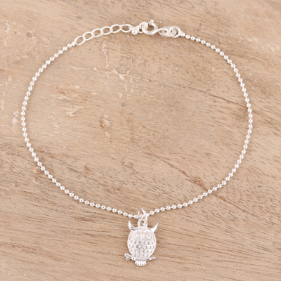 Sterling silver charm bracelet, 'Hooting Owl' - Sterling Silver Owl Charm Bracelet from India