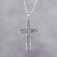 Sterling silver pendant necklace, 'Adorned Cross' - Handcrafted Sterling Silver Ornate Cross Pendant Necklace