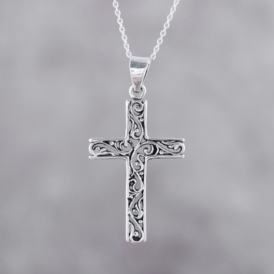 Collar colgante de plata esterlina - Collar con colgante de cruz adornado de plata de ley hecho a mano.