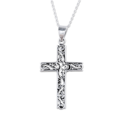 Sterling silver pendant necklace, 'Adorned Cross' - Handcrafted Sterling Silver Ornate Cross Pendant Necklace
