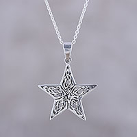 Sterling silver pendant necklace, 'Guiding Light' - Handcrafted Sterling Silver Ornate Star Pendant Necklace