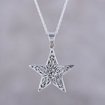 Sterling silver pendant necklace, 'Guiding Light' - Handcrafted Sterling Silver Ornate Star Pendant Necklace