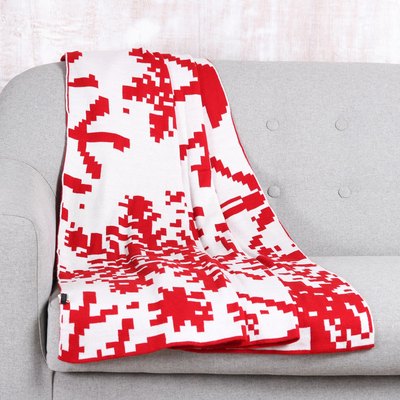 Reversible knit throw, 'Christmas Fantasy in Poppy' - Christmas-Themed Knit Throw in Poppy from India