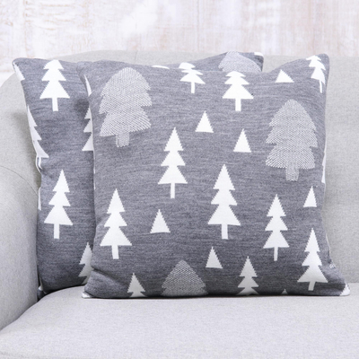 Knit cushion covers, 'Pine Dale in Slate' (pair) - Pine Tree Knit Cushion Covers in Slate from India (Pair)